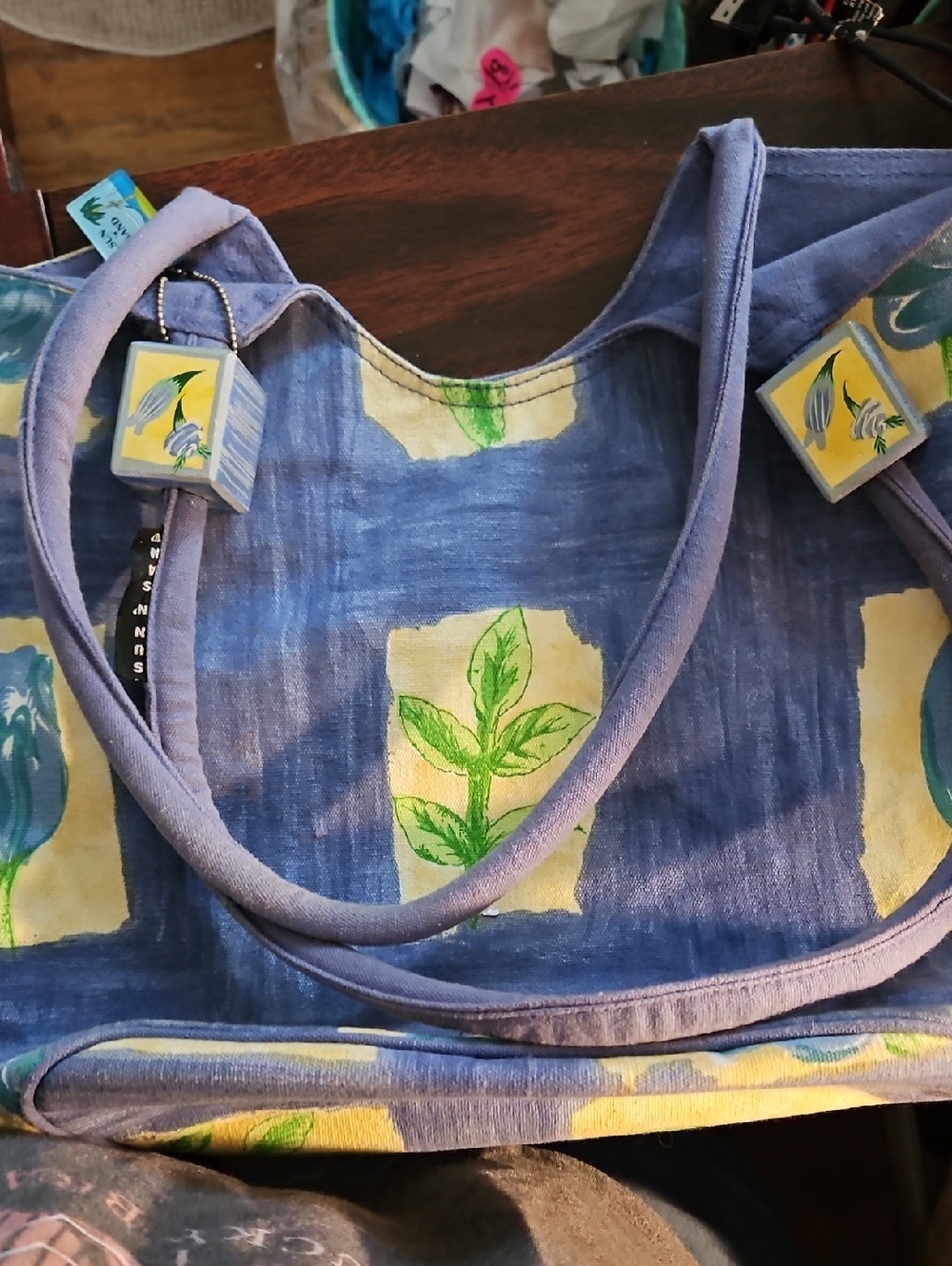 Blue Floral Print Tote Bag with Green Leaf Motif